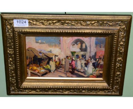 Orientalist School (early 20th century) Moorish market place, oil on board, with sketch of a camel verso, 13.5cm by 21.5cm