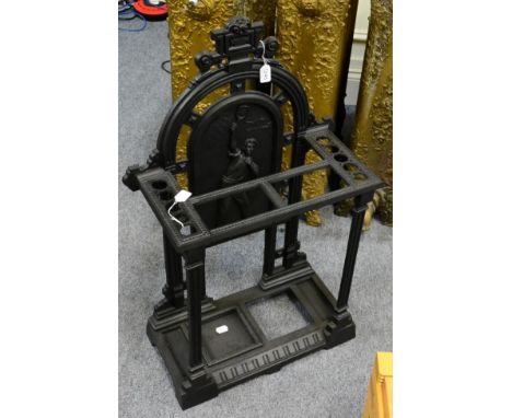 A cast iron umbrella and stick stand 'The Smash' attributed to Frederick Hufton, Birmingham, reg no. 167815 (one tray lacking