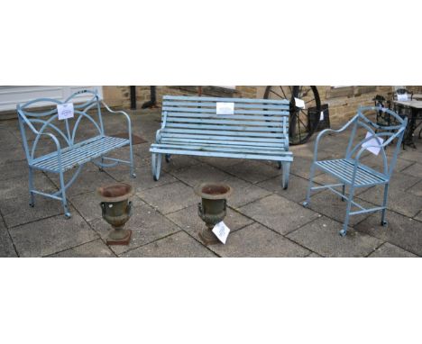 A painted metal garden bench with matching chair together with a slatted wooden garden bench with scroll arms 