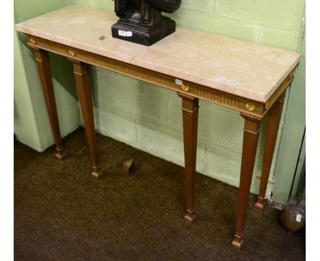 A reproduction marble top console table with gilt fluted stand 
