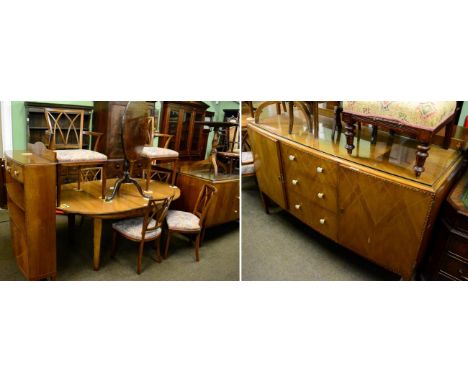 A 1930s figured walnut nine piece dining suite, labelled Gaylayde, modern decorative furniture, comprising an extending oval 