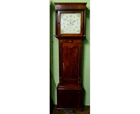 A mahogany eight day longcase clock, signed Jn Smith, Congleton, circa 1820, flat top pediment, case with inlaid stringing an