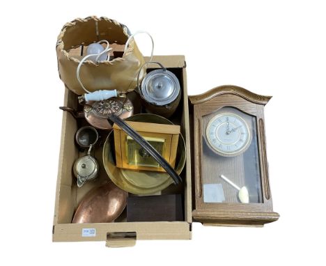 London Clock Co. oak cased wall clock, barometer, brass jam pan, horn lamp, copper kettle etc in one box