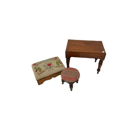 Victorian mahogany stool, the top lifting off to reveal recess for ceramic wash bowl, together with two stools 