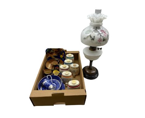 Wade sherry barrels,19th/ early 20th century oil lamp with glass shade, Tunstall pottery, Wedgwood jug etc in one box