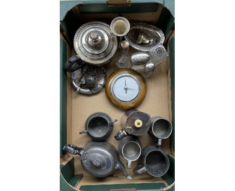 Victorian plated teapot, aneroid barometer in oak case, 19th century pewter measure by Parkin, other pewter items, plated war