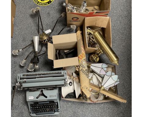 Various light fittings, stair rods, typewriter, metalware etc