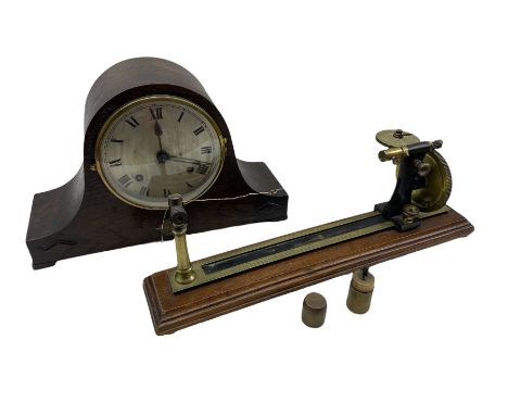 Goodbrand &amp; Co. mahognay and brass yarn tester, oak cased mantle clock and a brass trench art lighter