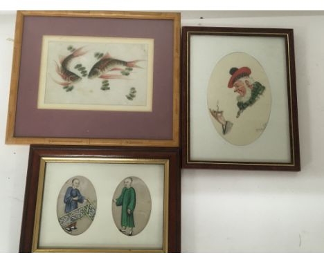 Two Chinese paintings on rice paper and a sketch of a Scottish Gentleman (3)