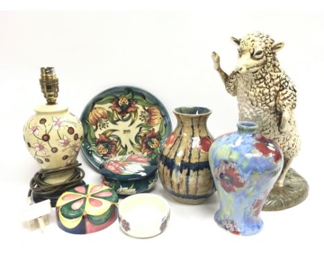 Moorcroft and Corbridge ceramics including a Trial bowl, vases, a lamp, 1999 limited edition plate and a Corbridge sheep figu