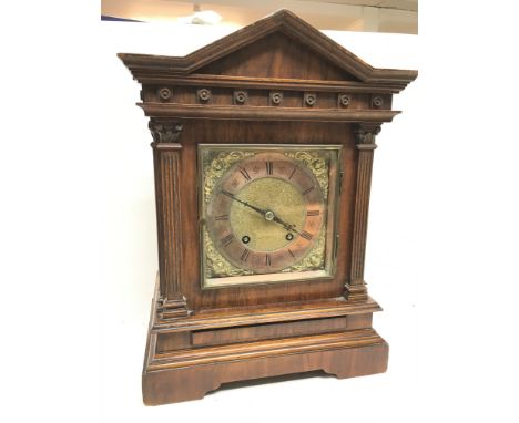 Walnut mantle clock, dimensions approximately 19x40x30cm with key and pendulum postage category D