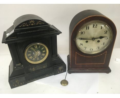 A Victorian black slate Mantel clock dial With JW Benson London with a French movement with pendulum no key and an Edwardian 