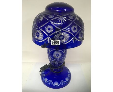 A blue overlay and cut glass table lamp Hight 53cm no obvious damage