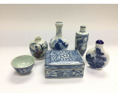 Six small blue and white ceramic items comprising perfume bottles, box etc. Shipping category D.