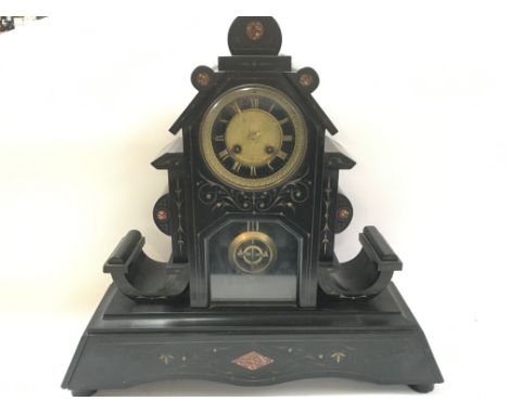 A slate mantle clock (loose foot). 47 x44cm Postage category D