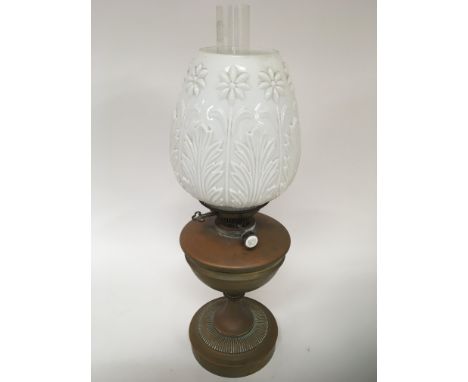 A late Victorian brass oil lamp with a patterned white opaque shade no damage Hight 56cm- NO RESERVE