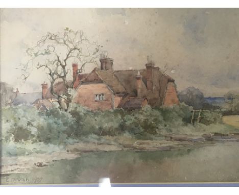 A collection of five framed watercolours and a pencil sketch study of birds including a watercolour English rural view of a c