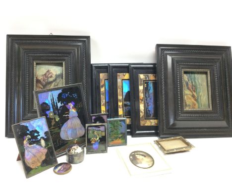 A collection of framed pictures including a collection of Dorothy Buckley Art Deco butterfly wing pictures and others in the 