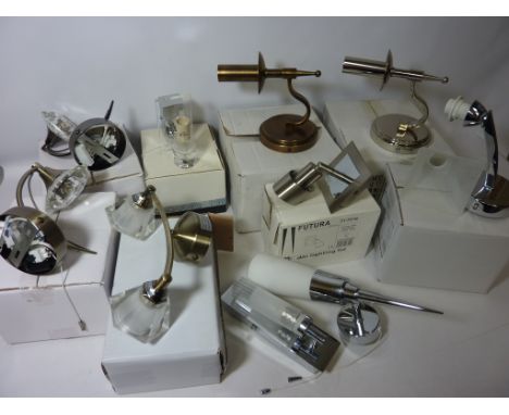 Ten wall lamps, two 'Luther' wall brackets with crystal glass shades, two sconce light fittings in brass and polished chrome 