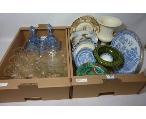 Three 19th Century Majolica plates, Copeland meat plate and china, Art Deco glass dressing table set, collectors plates, toil