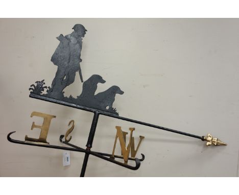 Wrought metal weather vane with hunting scene pediment, H165cm (overall) Condition Report Click here for further images, cond