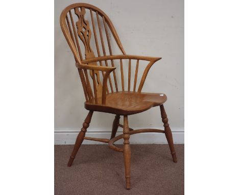 Late 20th century elm and ash double hoop and stick back Windsor chair, fret work splat back, with crinoline stretcher  Condi