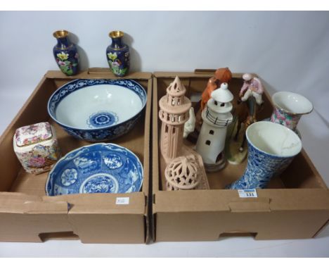 A pair of Cloisonne vases, Mason's tea caddy and a blue and white bowl etc in two boxes  Condition Report Click here for furt