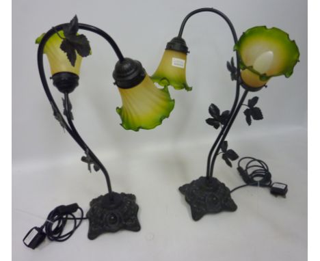 Pair wrought metal two branch table lamps with glass shades  (This item is PAT tested - 5 day warranty from date of sale)  Co