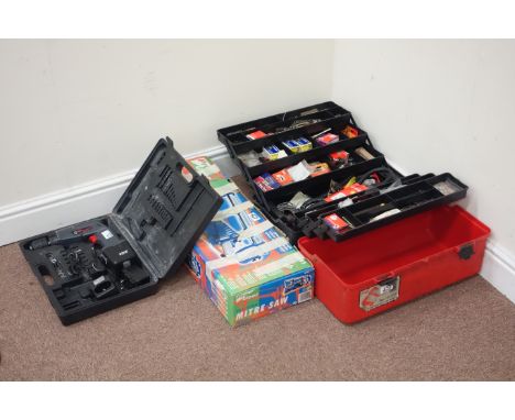 Box of various electric, car and bike parts, mitre saw and a Performance Power electric hand drill (This item is PAT tested -