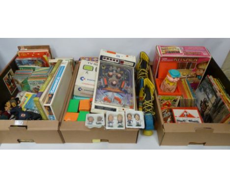 Vintage toys - board games, cased dominos, Lady Bird books, toy figures, Commodore TV Game, Kids pinball, vintage rollerskate