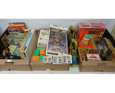 Vintage toys - board games, cased dominos, Lady Bird books, toy figures, Commodore TV Game, Kids pinball, vintage rollerskate