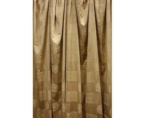 Pair gold interlined curtains including single bed spread, drapes, chair covers, drop 252cm   W 198cm (10) Condition Report C