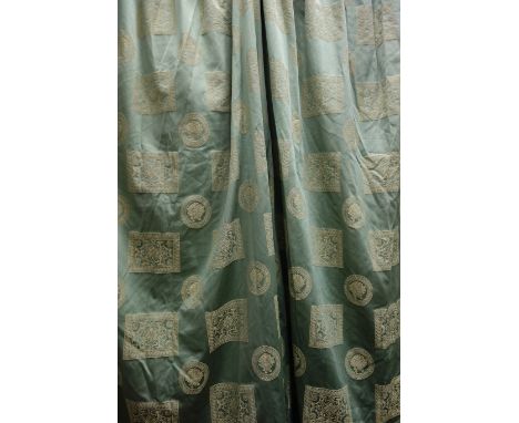 Pair of green and gold curtains including pelmet single bed spread and five similar cushion covers drop 236cm, W 330cm Condit