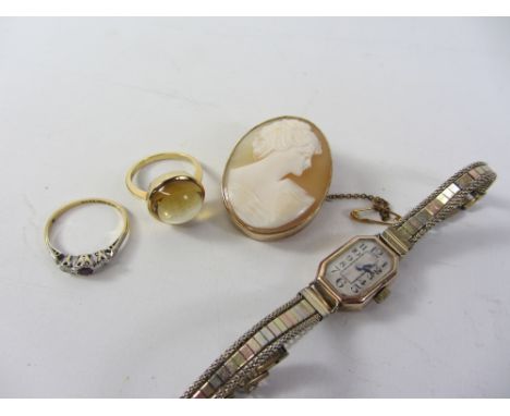 Ladies wristwatch, cameo brooch both hallmarked 9ct, citrine ring stamped 18k and a ruby and diamond ring stamped 18ct pt Con