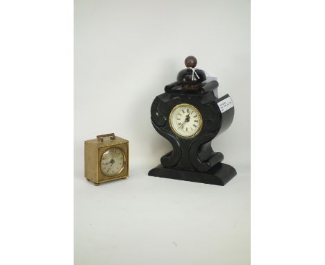 Gilt metal alarm clock of square form on bun feet (H 7cm) and a slate clock of small proportions H 20cm Condition Report Clic