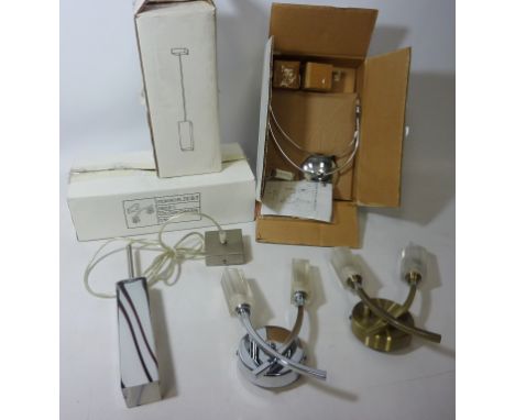 Two glass pendant centre light fittings and four other wall lights in chrome and brass in one box, shop stock - new Condition