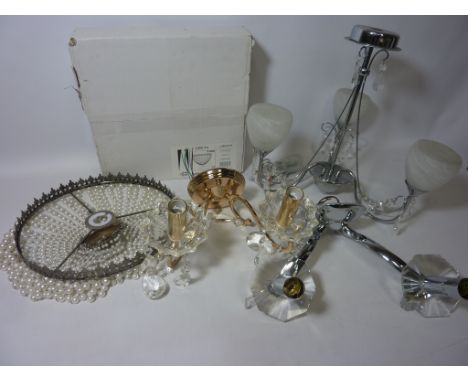 Two polished chrome polished brass two branch wall light fittings with glass sconces and drops, three branch centre light fit