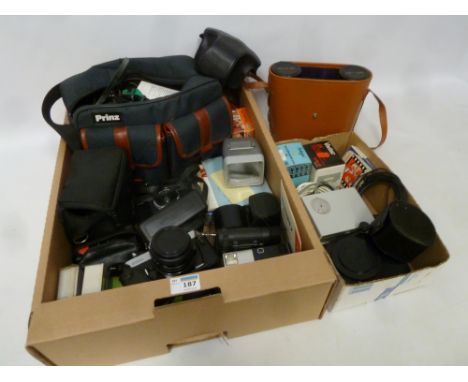 Fujica STX-1 SLR camera, two pairs of binoculars, other Vintage cameras and equipment in one box  Condition Report Click here