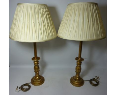 Pair of tall gilded table with beaded shades  (This item is PAT tested - 5 day warranty from date of sale)  Condition Report 