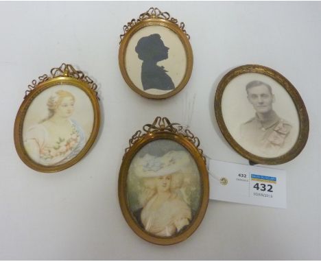 Two portrait miniatures of ladies and a silhouette in matching ribbon frames and a WWI photographic portrait in easel frame,1