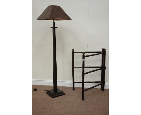 Stained pine standard lamp with shade, and a folding towel rail Condition Report Click here for further images, condition, au
