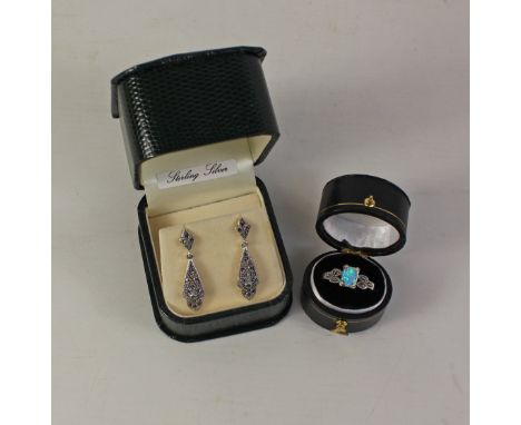 Opal and marcasite ring stamped and a pair of marcasite drop ear-rings all stamped 925 Condition Report Click here for furthe