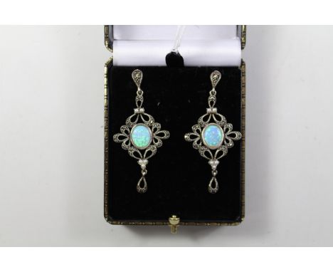 Pair of marcasite and opal drop ear-rings stamped 925 Condition Report Click here for further images, condition, auction time