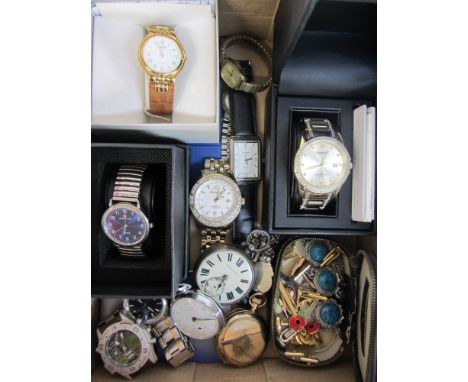 Collection of wristwatches, pocket watches and hallmarked silver chain with fob, costume jewellery in one box Condition Repor