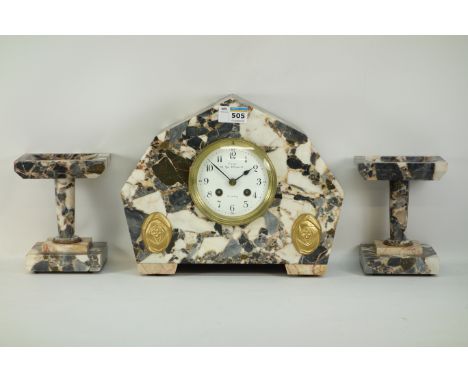 A French Art Deco marble mantle clock and garniture, signed Alger, Fort 35 Rue Michelet , white enameled face , Arabic numera