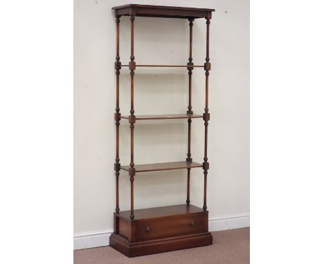 Reproduction mahogany four tier book shelf, fitted with single drawer to base, W70cm, H179cm, D32cm Condition Report Click he