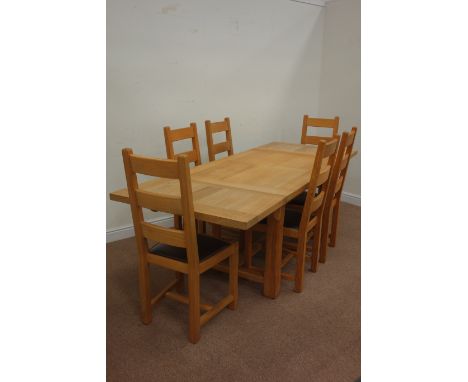 Light oak table with two leaves (H75cm, 90cm x 135cm - 236), and set six ladder back chairs with upholstered seats Condition 