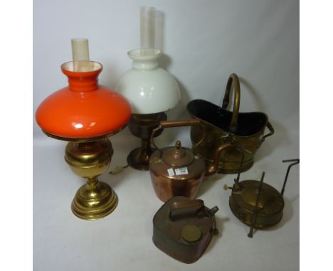 Copper kettles, Svea 126 stove, coal bucket, brass oil lamp and an electric lamp in the form of an oil lamp  Condition Report