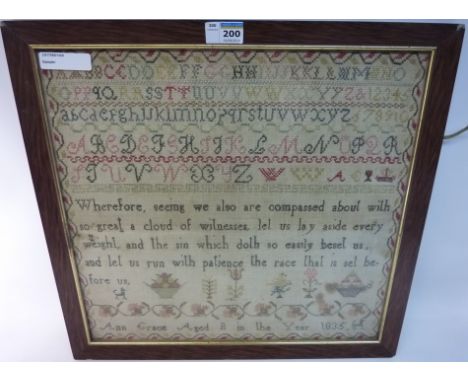 19th century sampler by Ann Grace aged 8, 1835, 40cm x 42cm Condition Report Click here for further images, condition, auctio