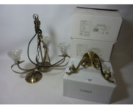 Five chrome sconce wall light fittings and a chrome three branch centre light fitting, shop stock - new (6) Condition Report 